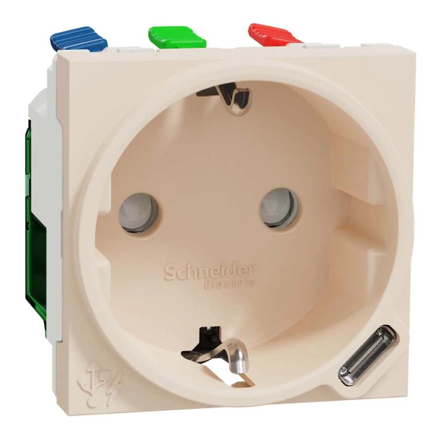 Розетка Schneider Unica NEW бежева 1-на з заземленням + USB тип С 10,5 Вт 2 мод ( NU301744 )