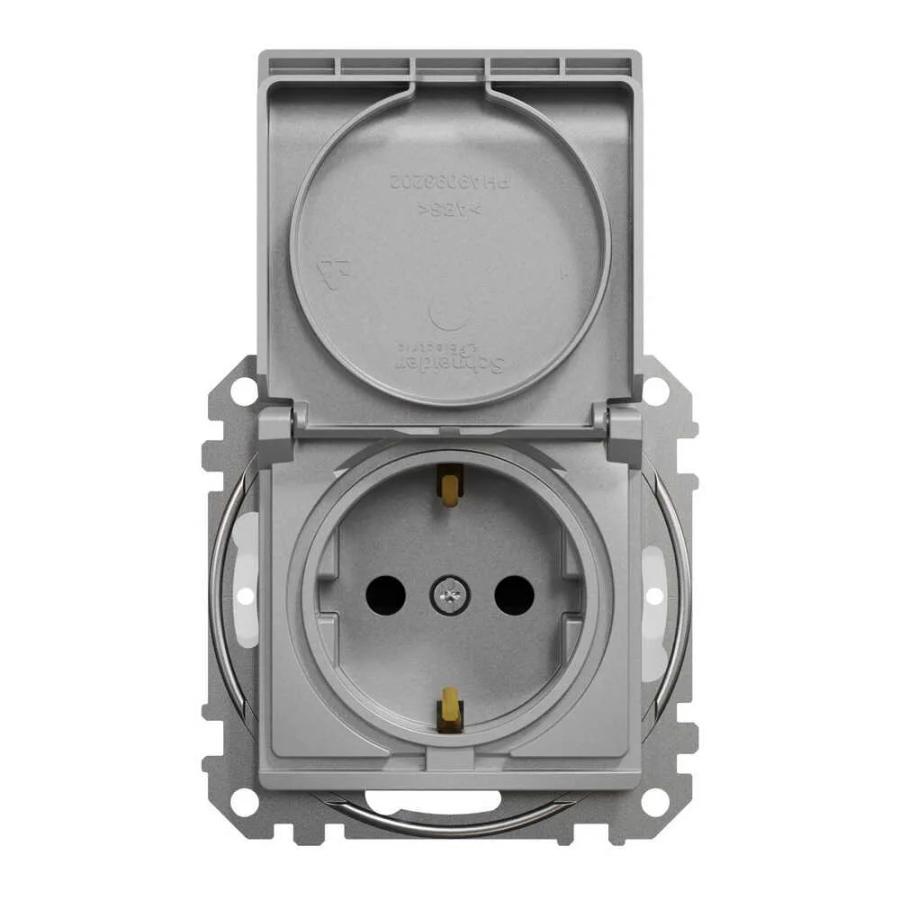 Розетка Schneider Sedna Design алюміній 1-на з заземленням з шторками та кришкою IP44 ( SDD213024 )