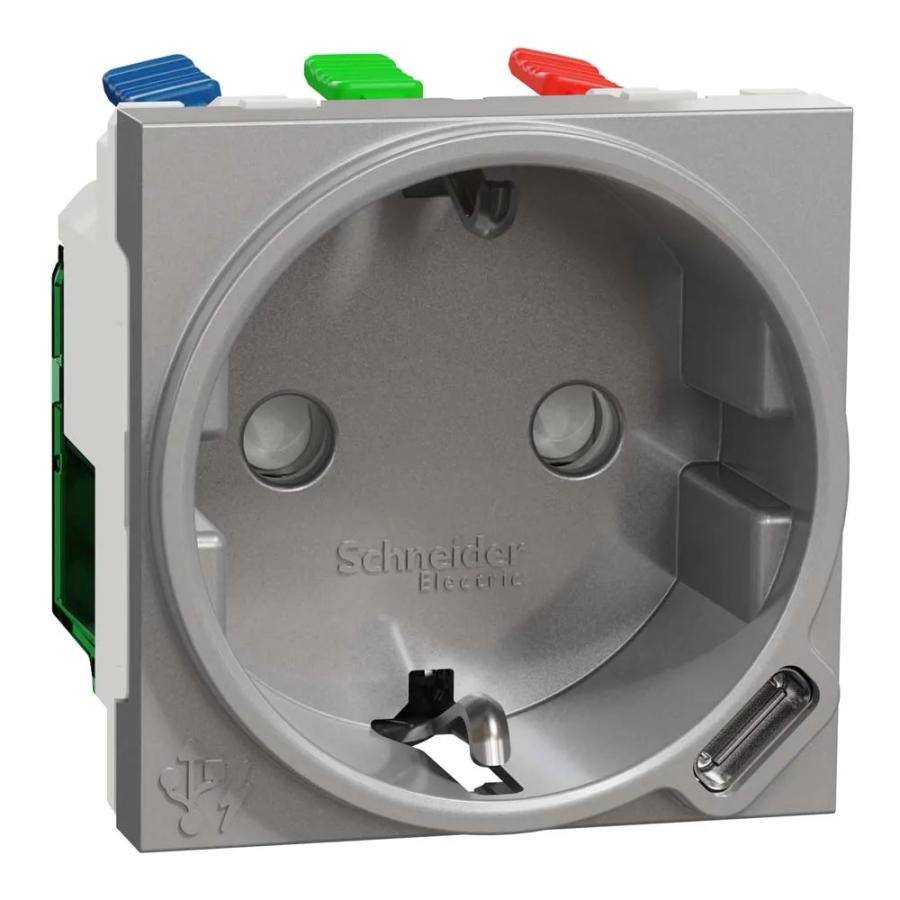 Розетка Schneider Unica NEW алюміній 1-на з заземленням + USB тип С 10,5 Вт 2 мод ( NU301730 )