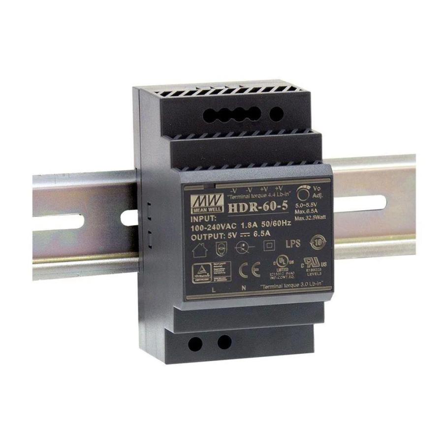 Блок живлення Mean Well на DIN-рейку HDR-60-5 (32,5W; 6,5A; 5V; IP20) Series "HDR", 92%